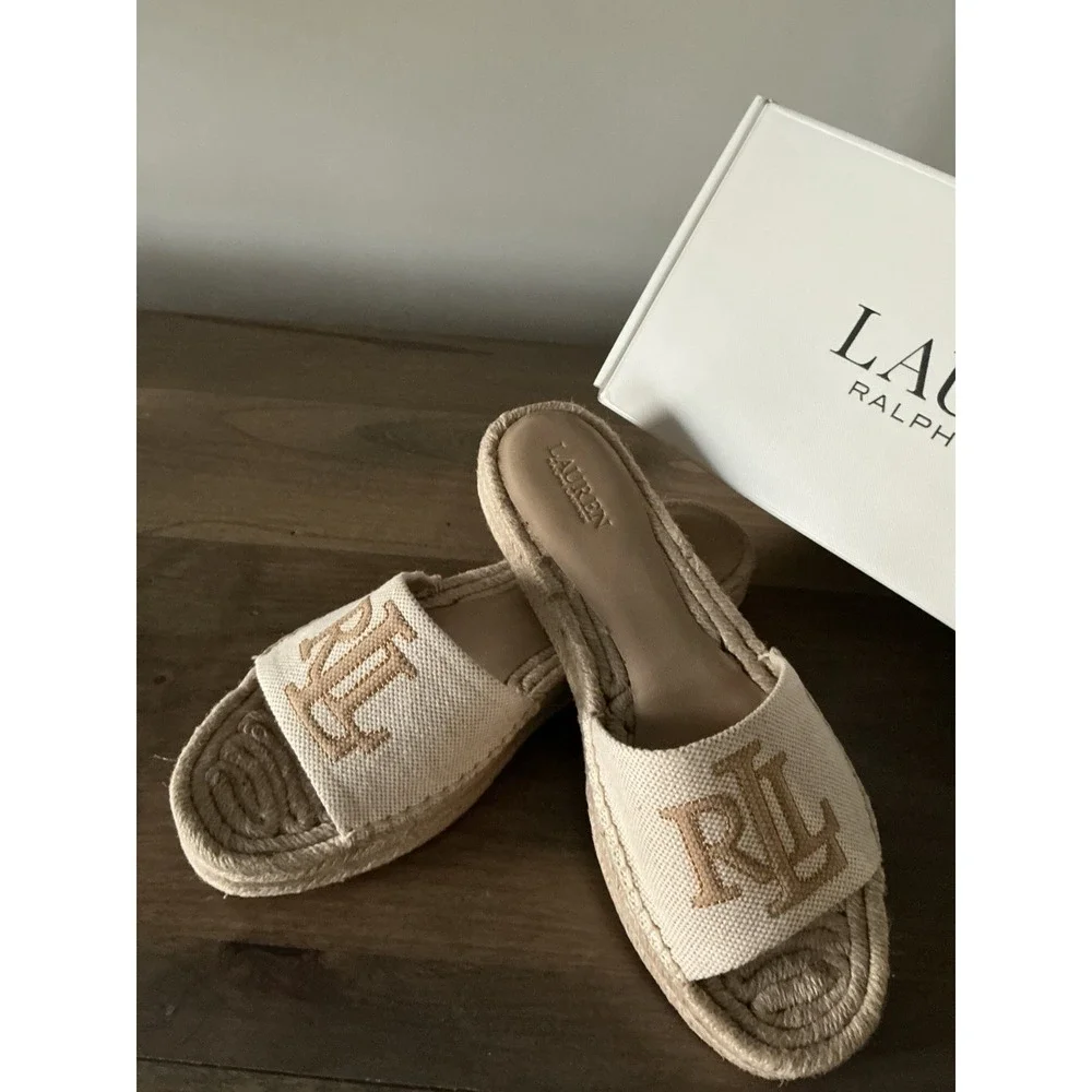 Lauren Ralph Lauren Poly Cross Espadrille Slides Narural Size 8-8.5 LRL